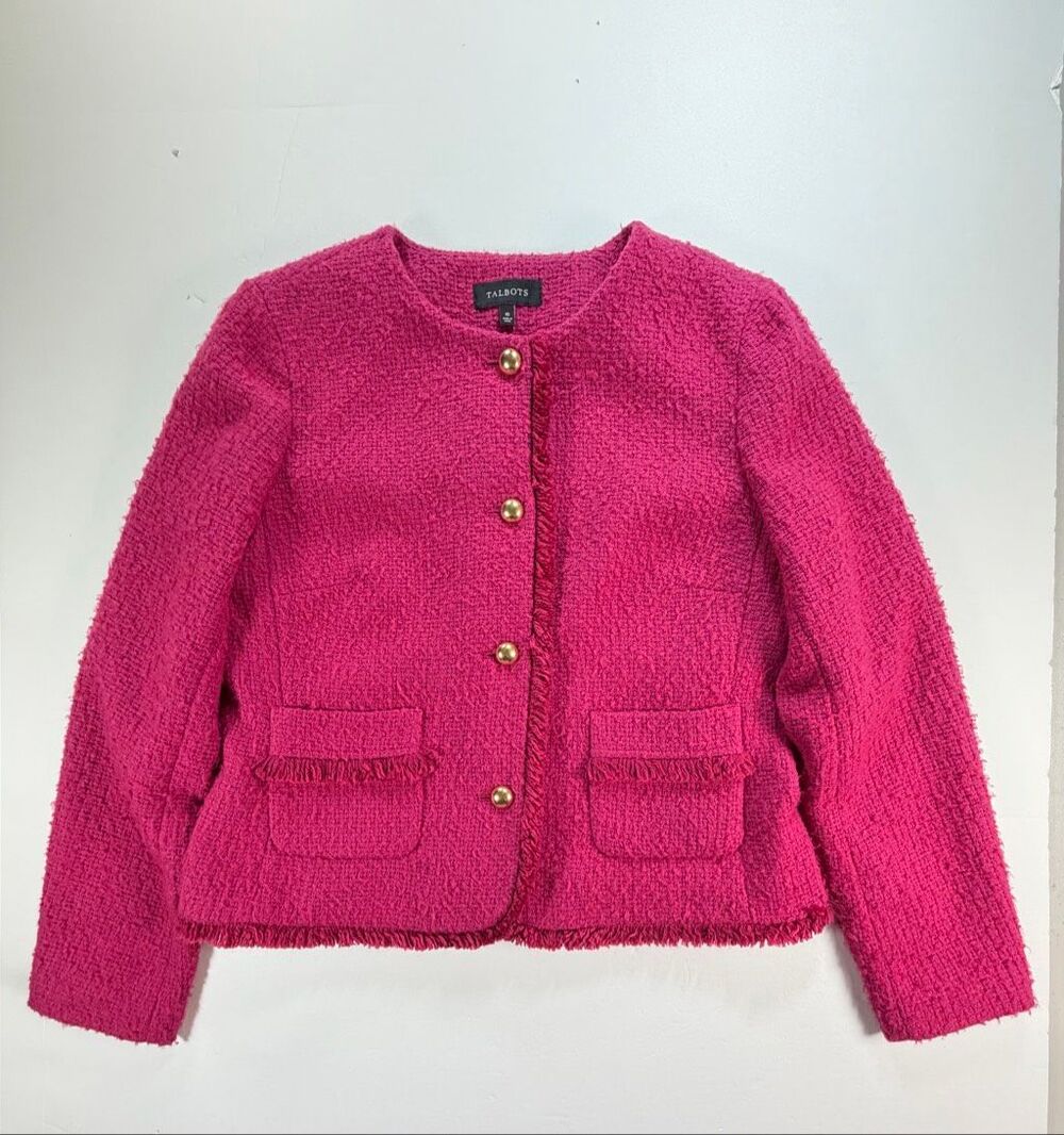 Talbots Womens Size 10 Pink Tweed Wool Blend Jacket Fringe Gold Buttons Blazer